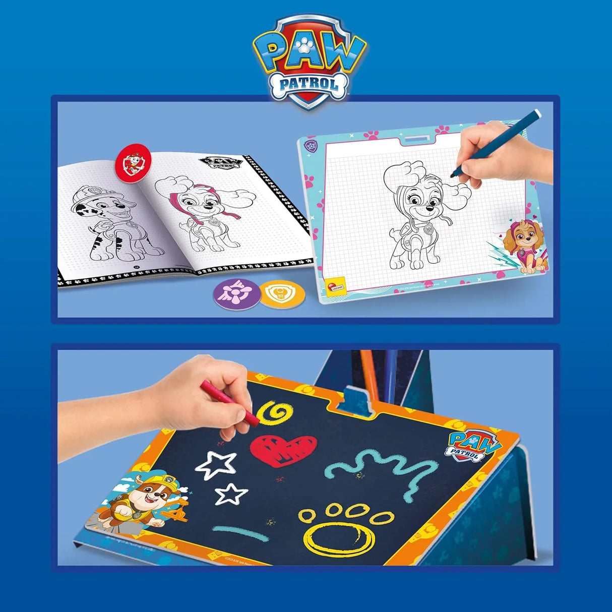 PAW Patrol drawing pages featuring Skye and Marshall with creative boards and markers Ireland