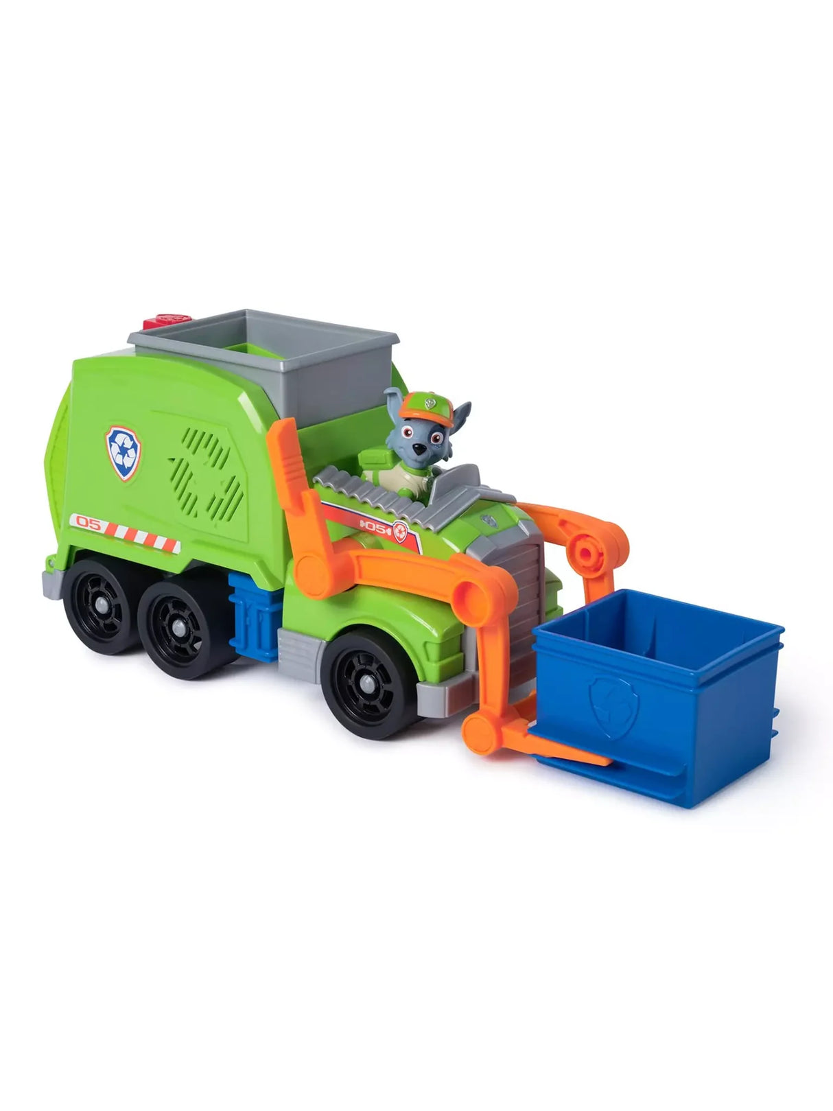 Paw Patrol Crush N Roll Recycling Truck with Rocky figure driving and blue bin lifted on orange arm