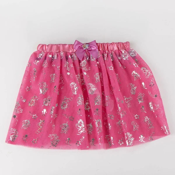 Paw Patrol pink tutu skirt with silver character and star print and pink bow at the waistband