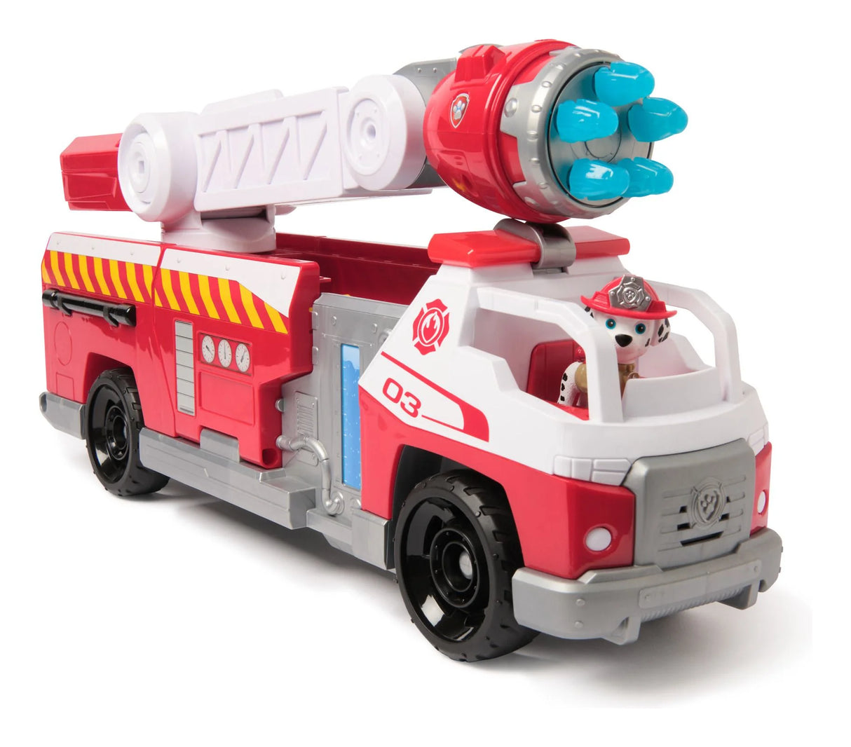 Paw Patrol Fire Rescue Deluxe Fire Truck showing Marshall driving with lights, ladder, and blue water missiles loaded
