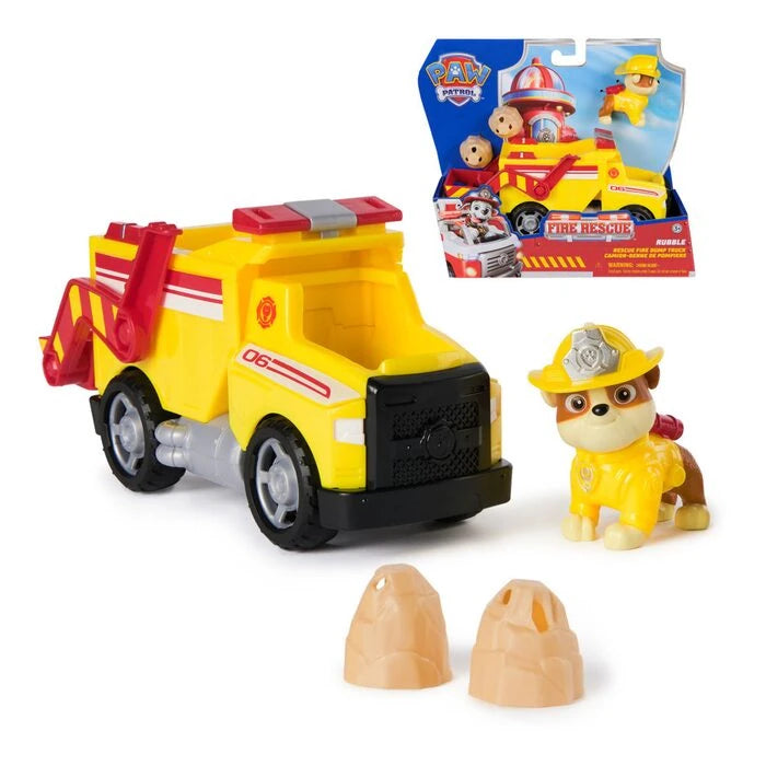 Rubble yellow fire rescue vehicle with figure, rock pieces and packaging inset
