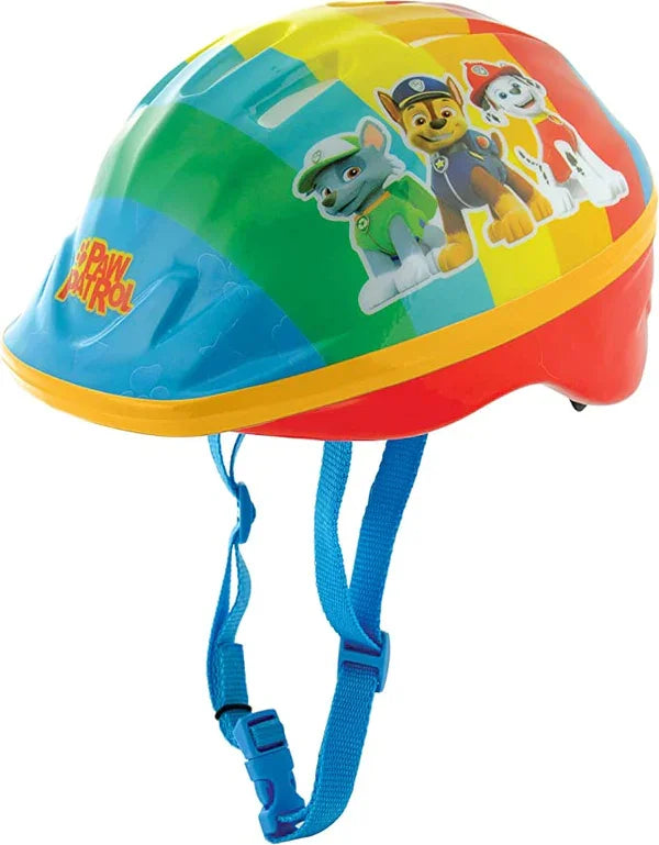 Paw Patrol kids helmet right side angled view showing colourful shell, vents, and blue straps