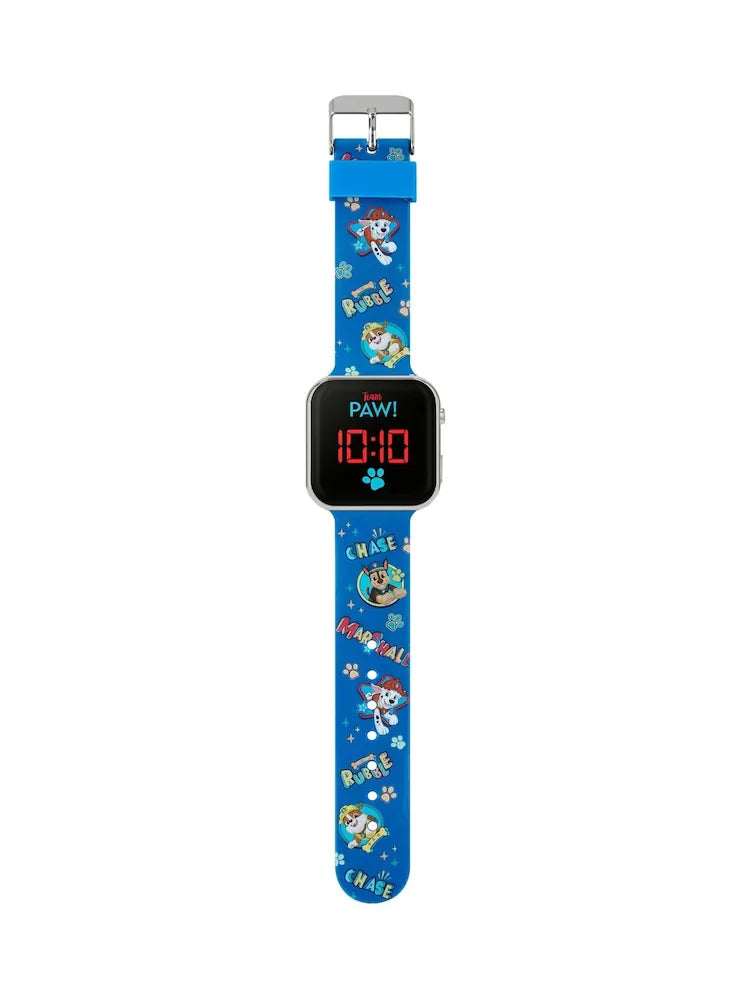 Full view of PAW Patrol LED watch showing colourful blue strap with Chase, Marshall and Rubble characters in Ireland.