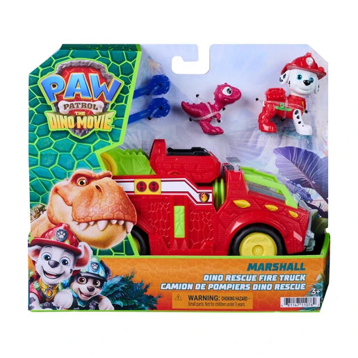 PAW Patrol The Dino Movie Marshall Dino Rescue Fire Truck packaging with Marshall figure, red dinosaur figure and blue projectiles