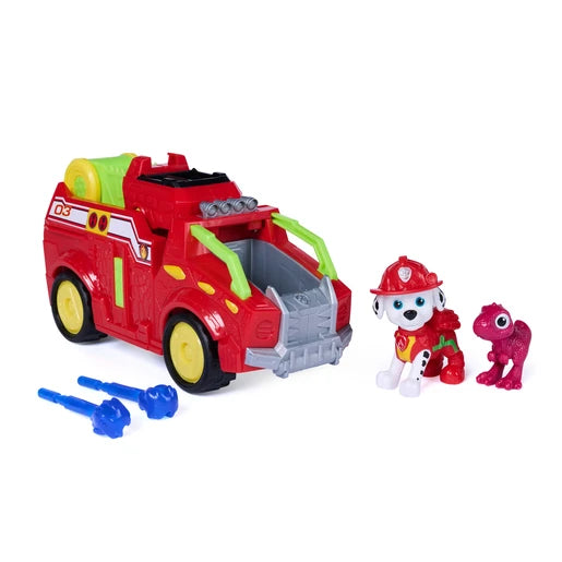 PAW Patrol Marshall Dino Rescue Fire Truck with Marshall figure, red dinosaur figure and two blue projectiles