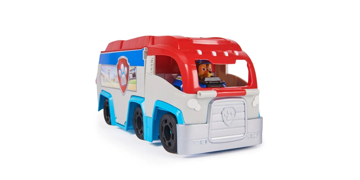 PAW Patrol Pup Squad Patroller vehicle in closed lorry form on white background with Chase figure seated in the cab