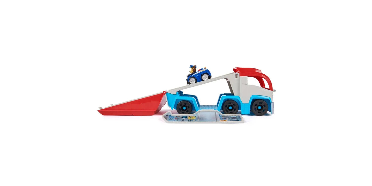 PAW Patrol Pup Squad Patroller transformed into mobile command centre with roof open launch ramp lowered and Chase Pup Squad Racer visible