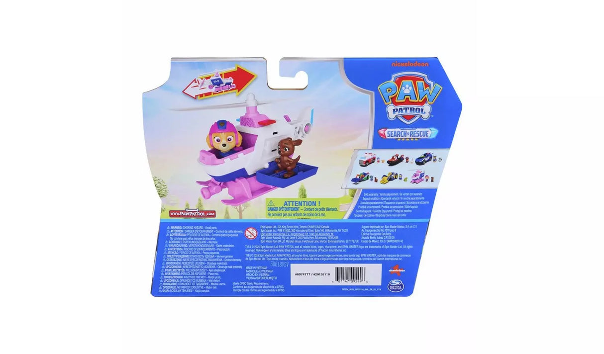 Back of PAW Patrol Search and Rescue Skye Rescue Helicopter packaging showing product in use with multilingual safety warnings and age 3 plus rating