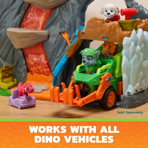 PAW Patrol Dino Movie vehicles shown passing through the Super Lava Blast playset tunnel