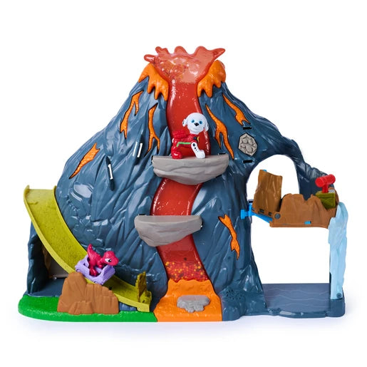 PAW Patrol Super Lava Blast volcano playset with Marshall figure and pink dinosaur in a cart
