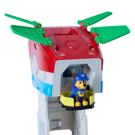 Expanded PAW Patrol Dino Mobile Headquarters with roof panels open and Chase in the upper platform