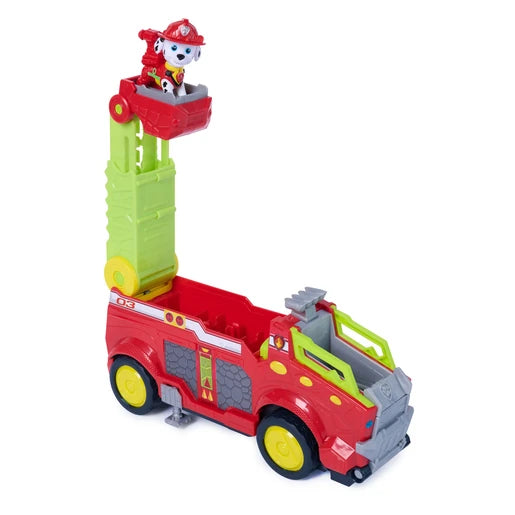 Marshall figure standing in the raised ladder platform of the red Dino Rescue Responder vehicle