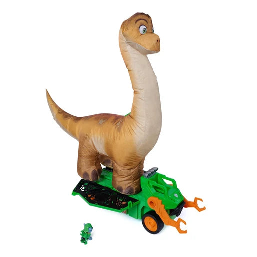 Side view of the inflated long neck dinosaur standing on the green Megasaurus Dino Vehicle with Rocky figure beside it