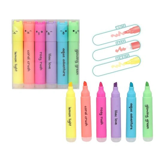 Six PENfection mini highlighters in pastel colours with case, marker tips and highlighted erase examples