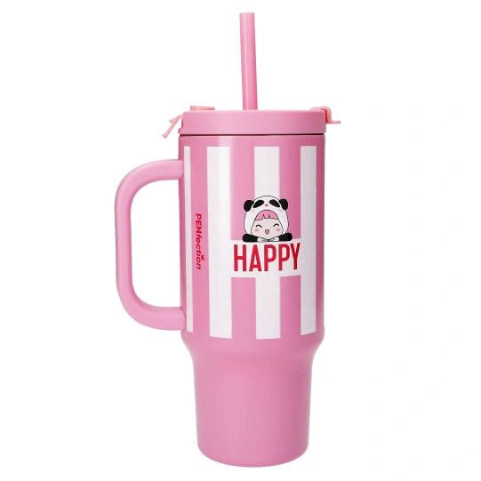 PENfection HAPPY cup with pink and white stripes, handle, fitted lid and pink straw