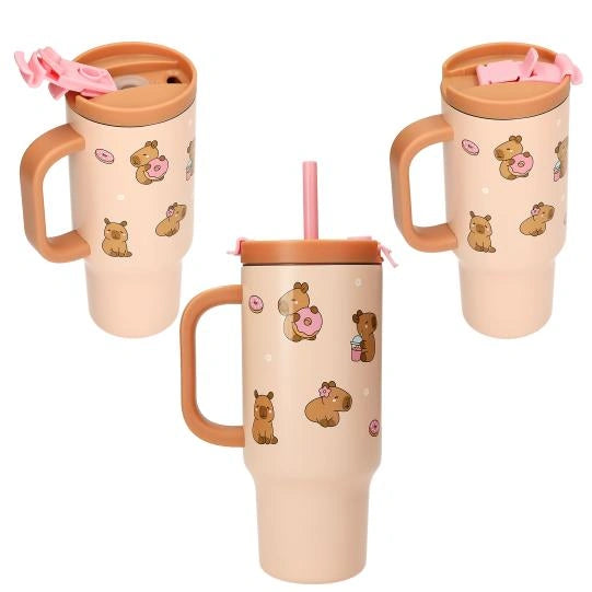 PENfection CAPYBARA cup shown in three views with handle, straw and capybara prints