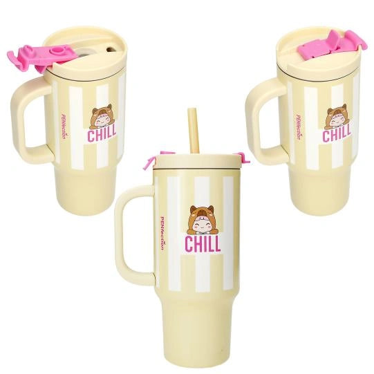 PENfection CHILL cup shown in three views with handle, straw and pink lid details