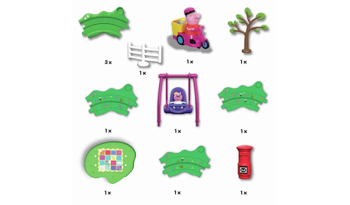 Peppa & Evie Fun in the Park Playset contents laid out separately, showing six curved green track pieces, Peppa on her pink bike, Evie in a purple swing, a green swing base, tree, white fence and red post box, with quantities displayed.