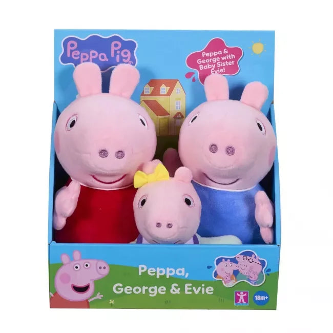 Front view of Peppa Pig, George, and baby Evie plush toy set in display box with Peppa Pig branding