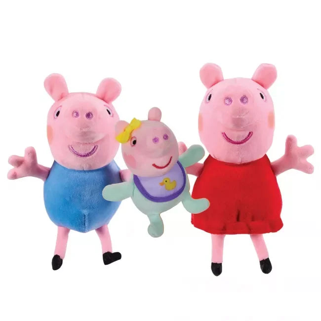 Peppa Pig, George, and baby Evie soft toys standing upright on white background showing their bright outfits