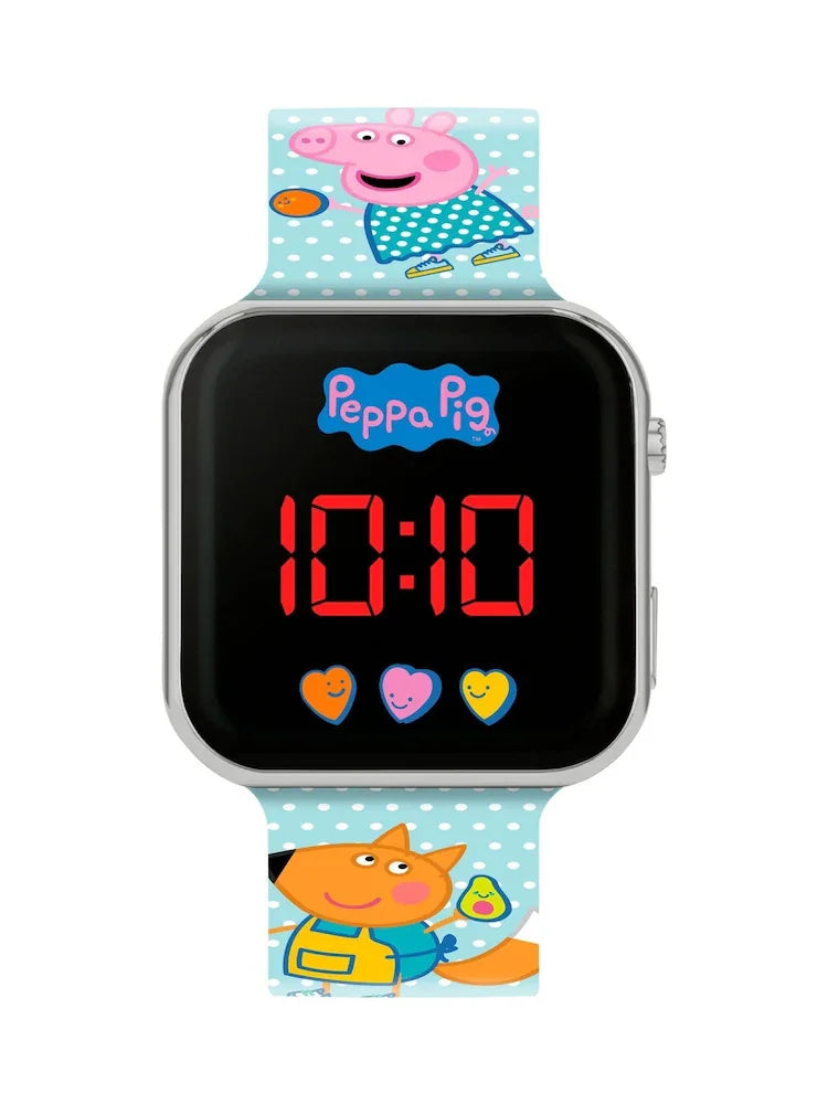 Peppa Pig LED watch full strap showing colourful characters and fruit prints in Ireland.