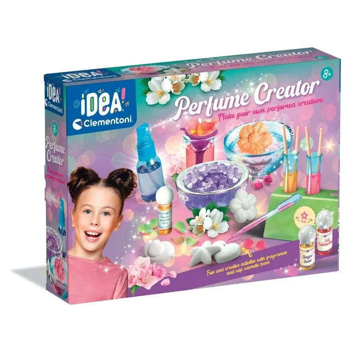 Clementoni Perfume Creator box showing bottles, bowls, flowers, coloured liquids and the included tools.