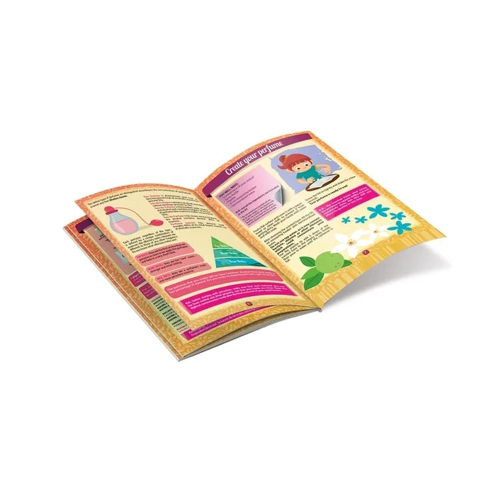 Open Perfume Creator instruction booklet showing illustrated activity pages.