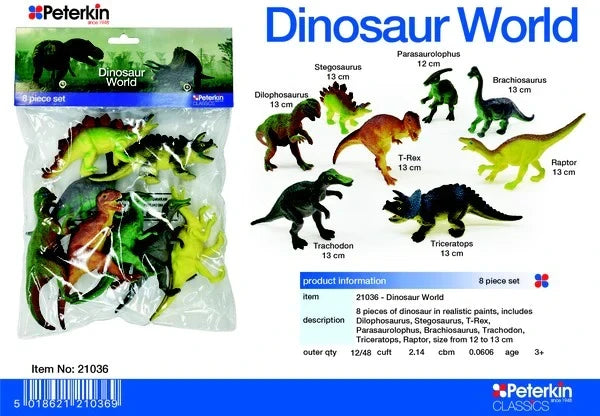 Peterkin Dinosaur World product information showing the packaged set and labelled images of Dilophosaurus, Stegosaurus, T-Rex, Parasaurolophus, Brachiosaurus, Trachodon, Triceratops and Raptor figures