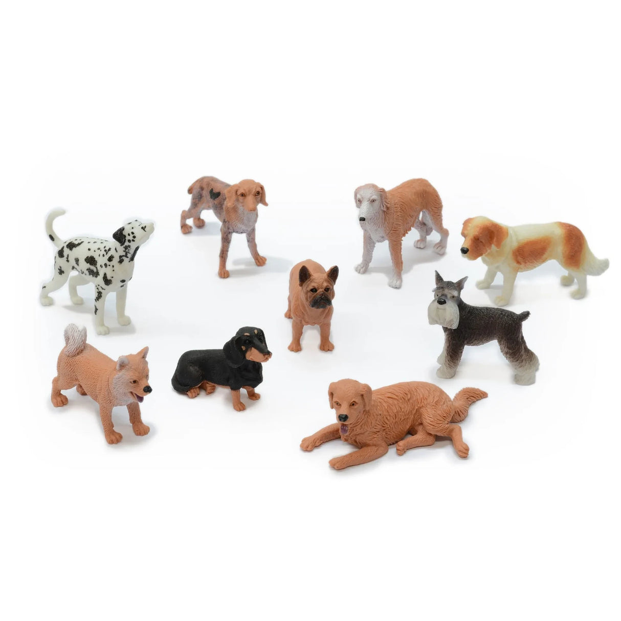 Nine dog figures arranged together in black, tan, grey, white and spotted designs