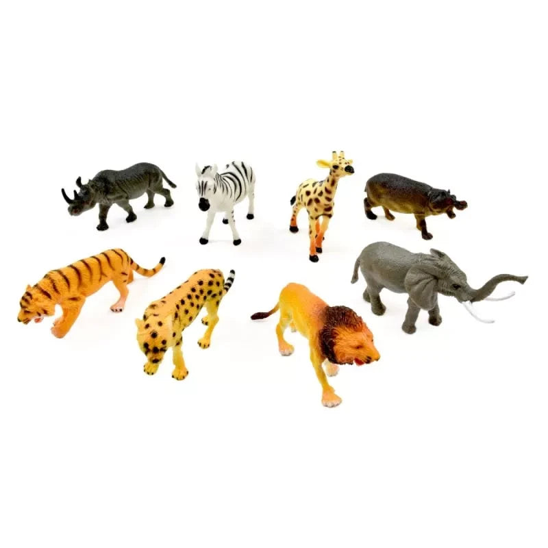 Eight Peterkin Jungle World animal figures including rhinoceros, zebra, giraffe, hippopotamus, tiger, panther, lion and elephant