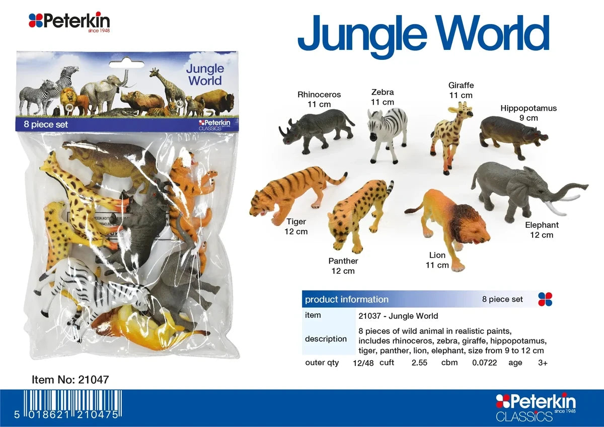 Peterkin Jungle World product information showing the packaged 8 piece set with labelled rhinoceros, zebra, giraffe, hippopotamus, tiger, panther, lion and elephant figures