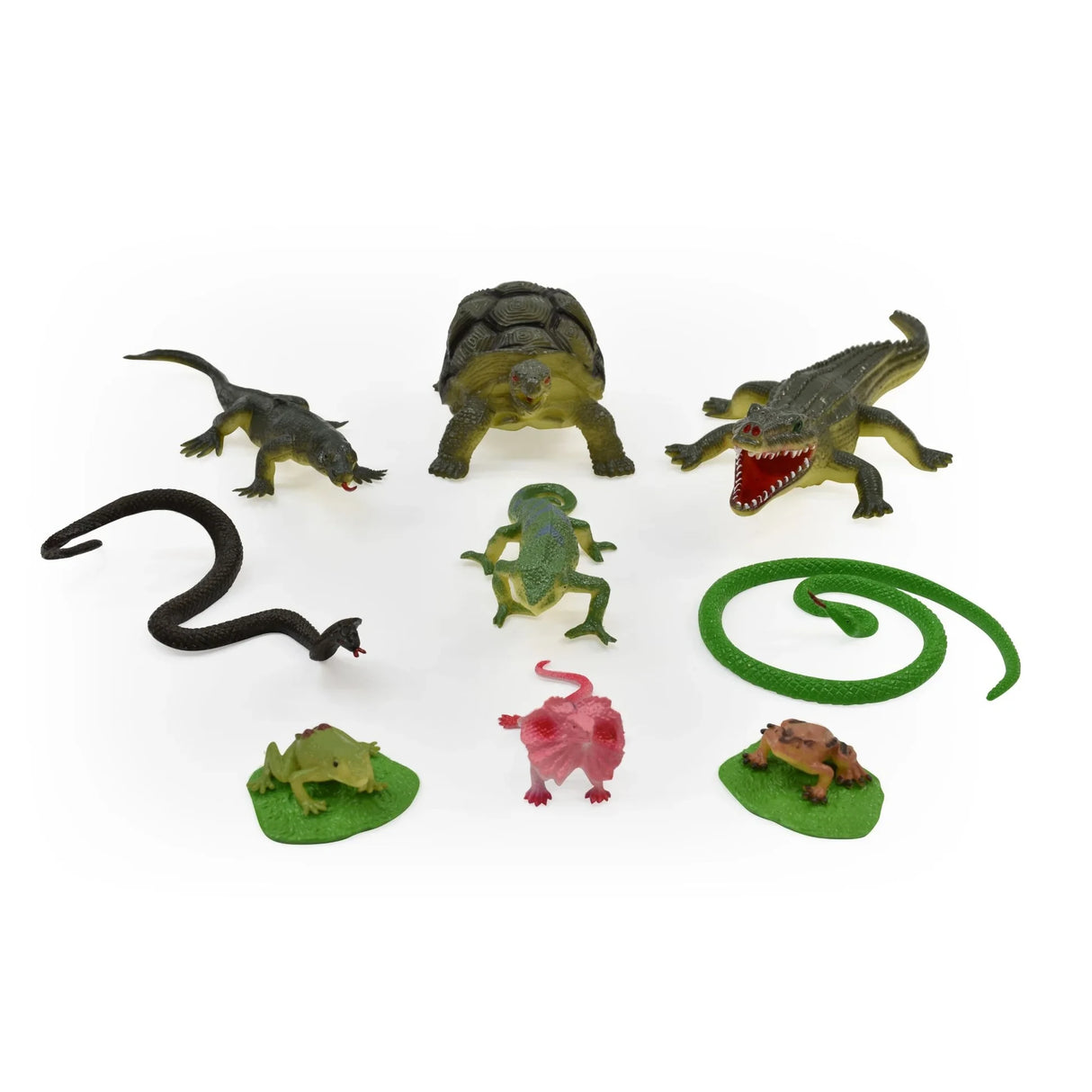 Nine Peterkin Reptile World figures arranged together, including a crocodile, tortoise, snakes, lizards, frog and toad
