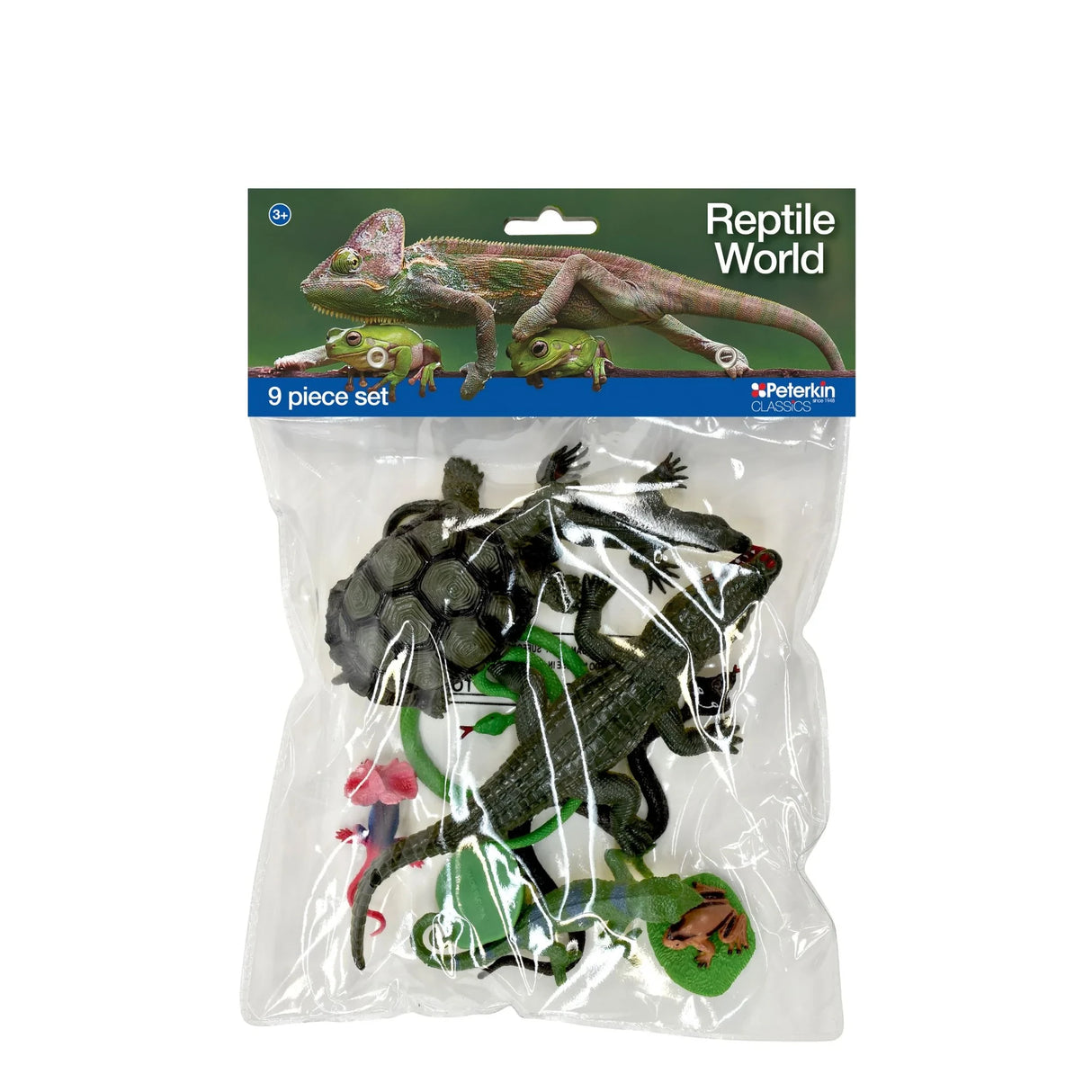 Peterkin Classics Reptile World 9 piece set in clear bag packaging with the reptile and amphibian figures visible through the front