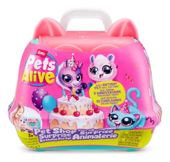 Pets Alive Pet Shop Surprise Birthday Party pet carrier packaging with pink case, carry handle, birthday cake graphic and Pets Alive logo on front