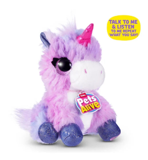 Pets Alive Pet Shop Surprise purple plush unicorn with pink horn, blue glitter hooves and circular Pets Alive tag attached to upper front body