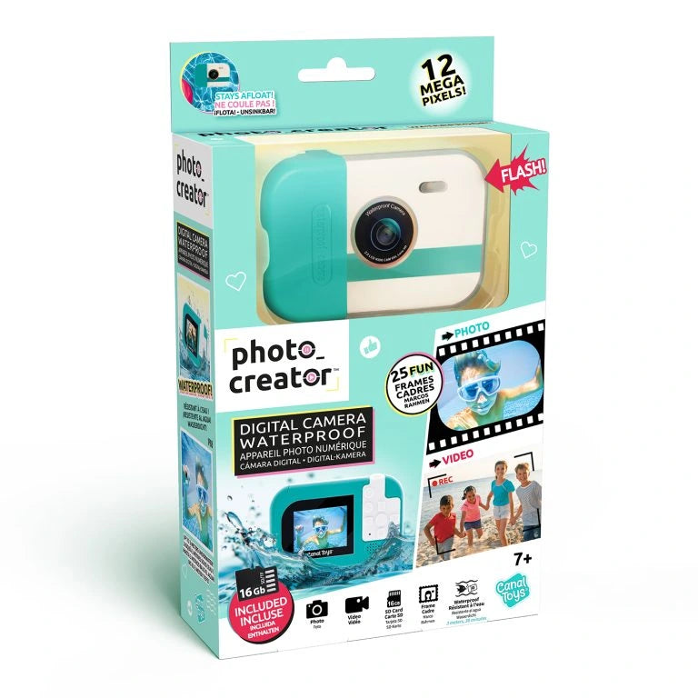 Photo Creator Waterproof Digital Camera retail packaging viewed from the front and left side, showing the turquoise and white camera through the display window, with 12 megapixel, flash, 25 photo frames, waterproof and 16GB memory card information printed on the box.