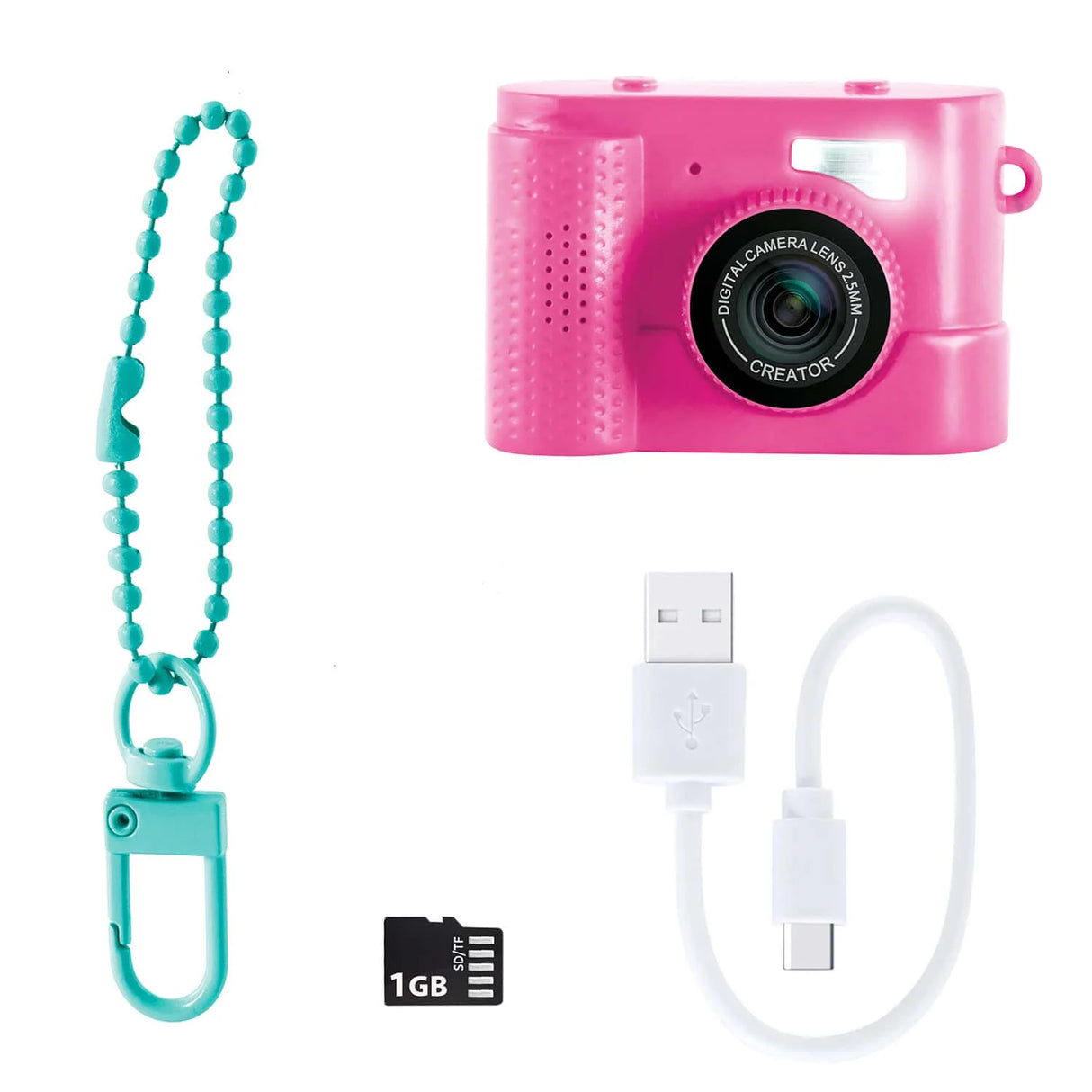 Pink Photo Creator Mini Cam with keychain, USB cable and micro SD card in Ireland