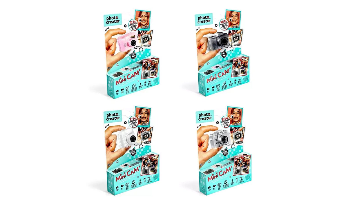 Four Photo Creator Mini Cam packages showing pink, black, white and silver cameras