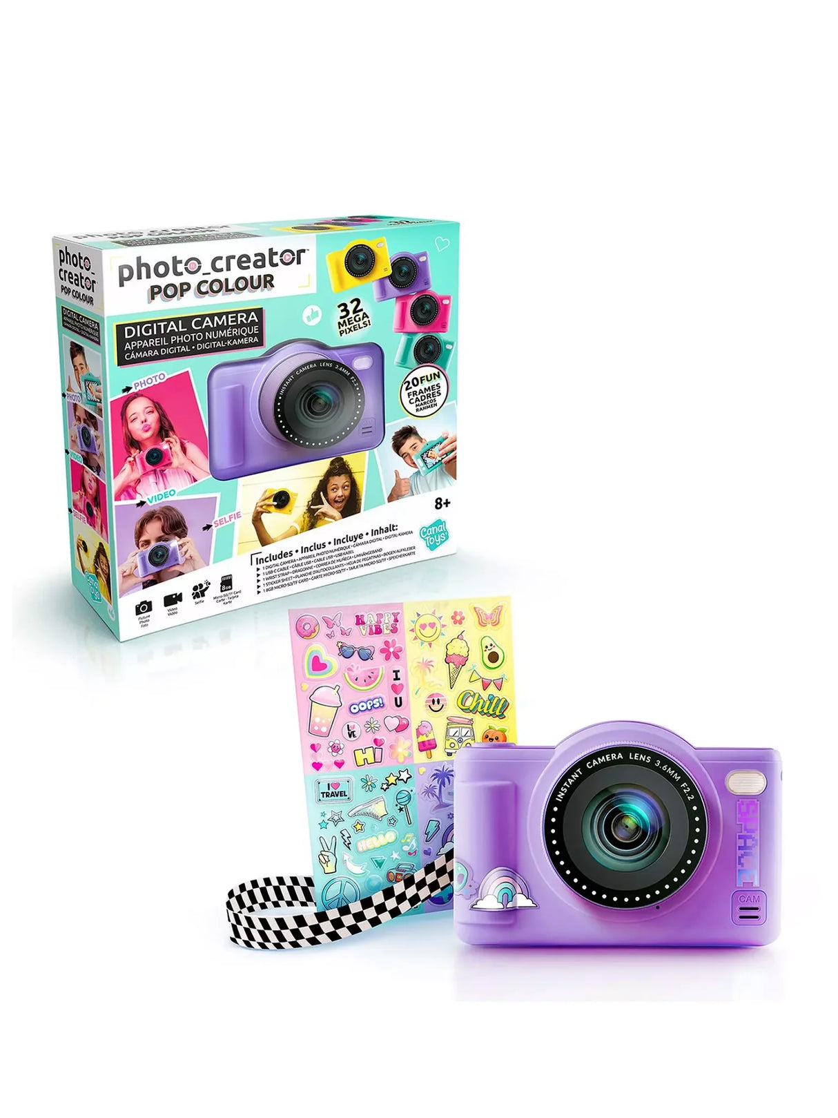 Purple Photo Creator Pop Colour camera shown with box, stickers, strap, and accessories on a white background