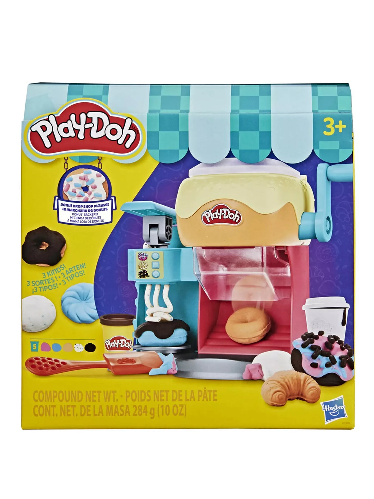 Play-Doh Donut Drop Shop Playset in retail box with doughnut maker, frosting station and five Play-Doh colours