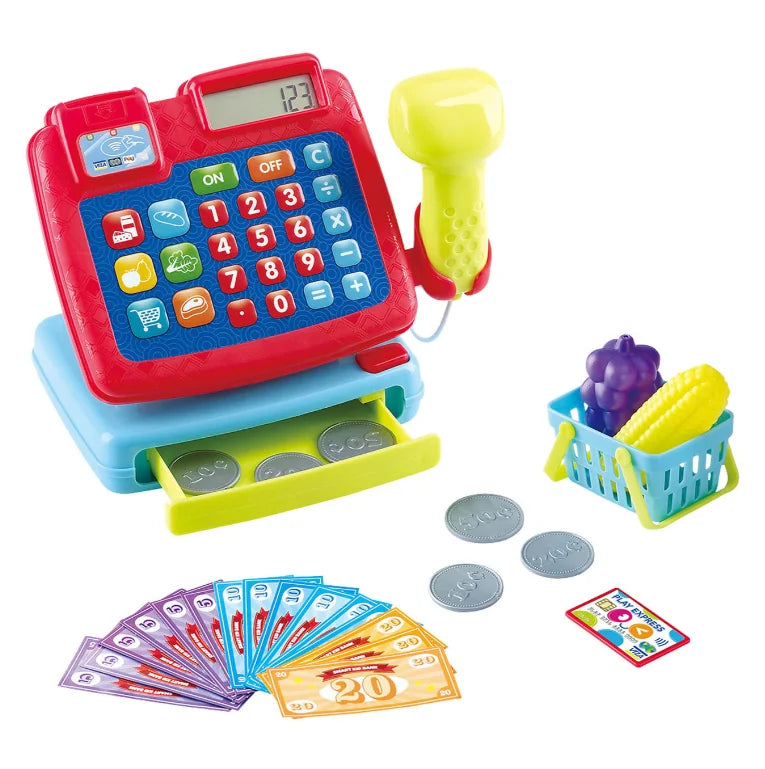 Layout of Play Smart Cash Register with coins, notes, basket and scanner – Ireland