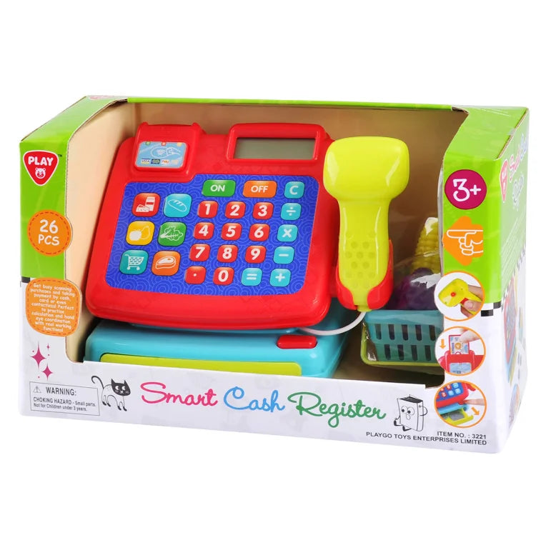 Front packaging of Play Smart Cash Register 26-piece toy set – Ireland