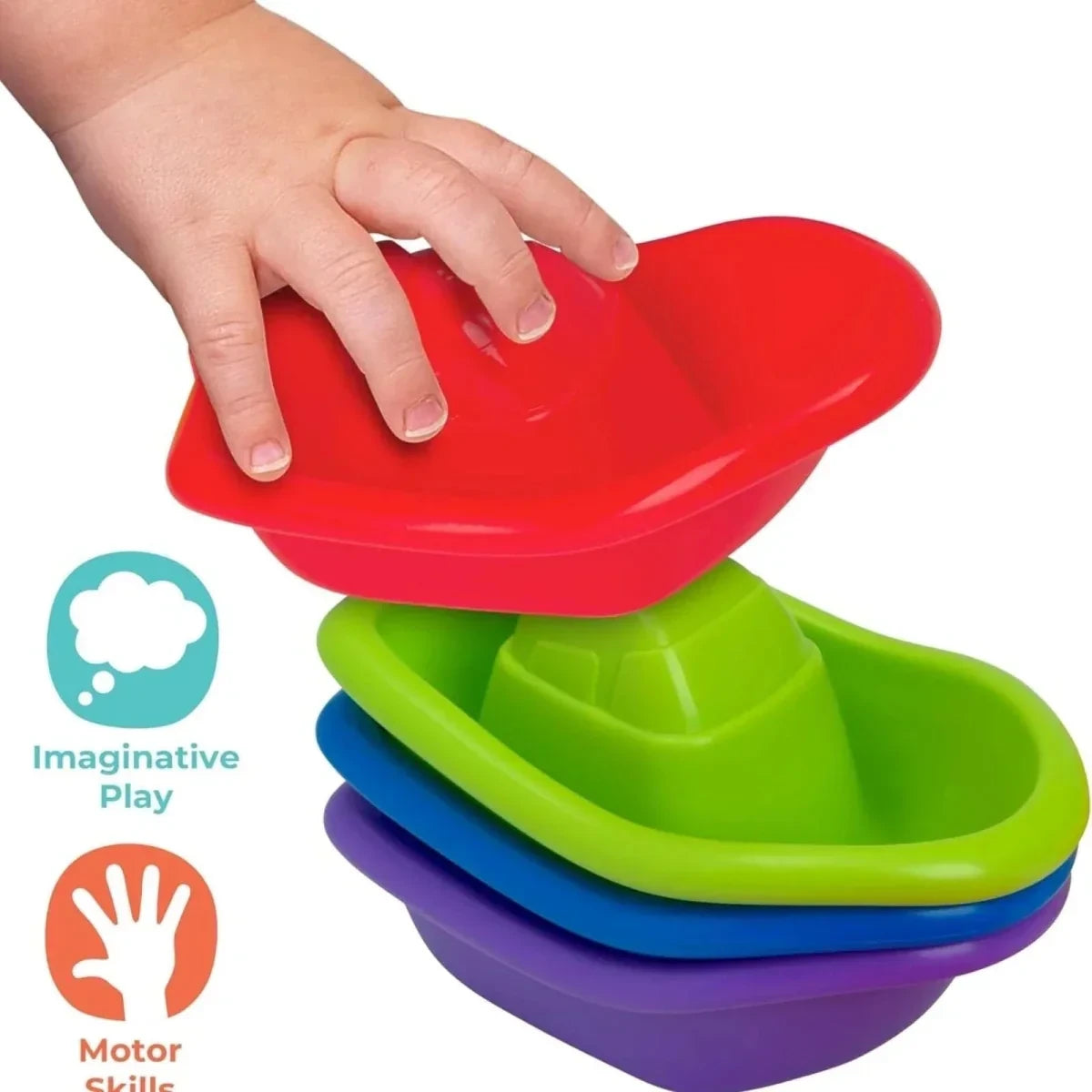 Child's hand placing a red Play Tots bath boat on top of green, blue and purple stacked boats
