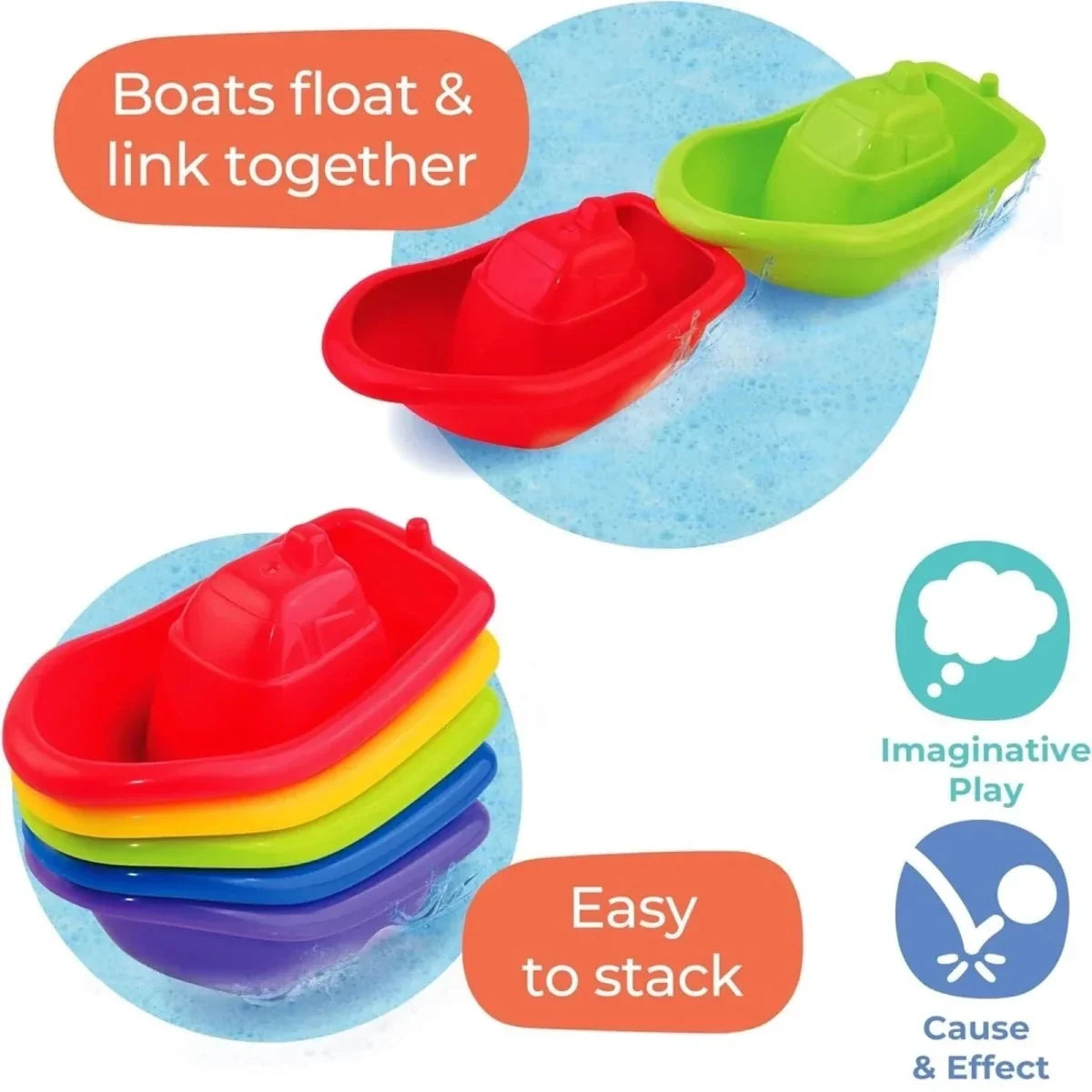 Two Play Tots bath boats linked together above five red, yellow, green, blue and purple boats stacked inside one another
