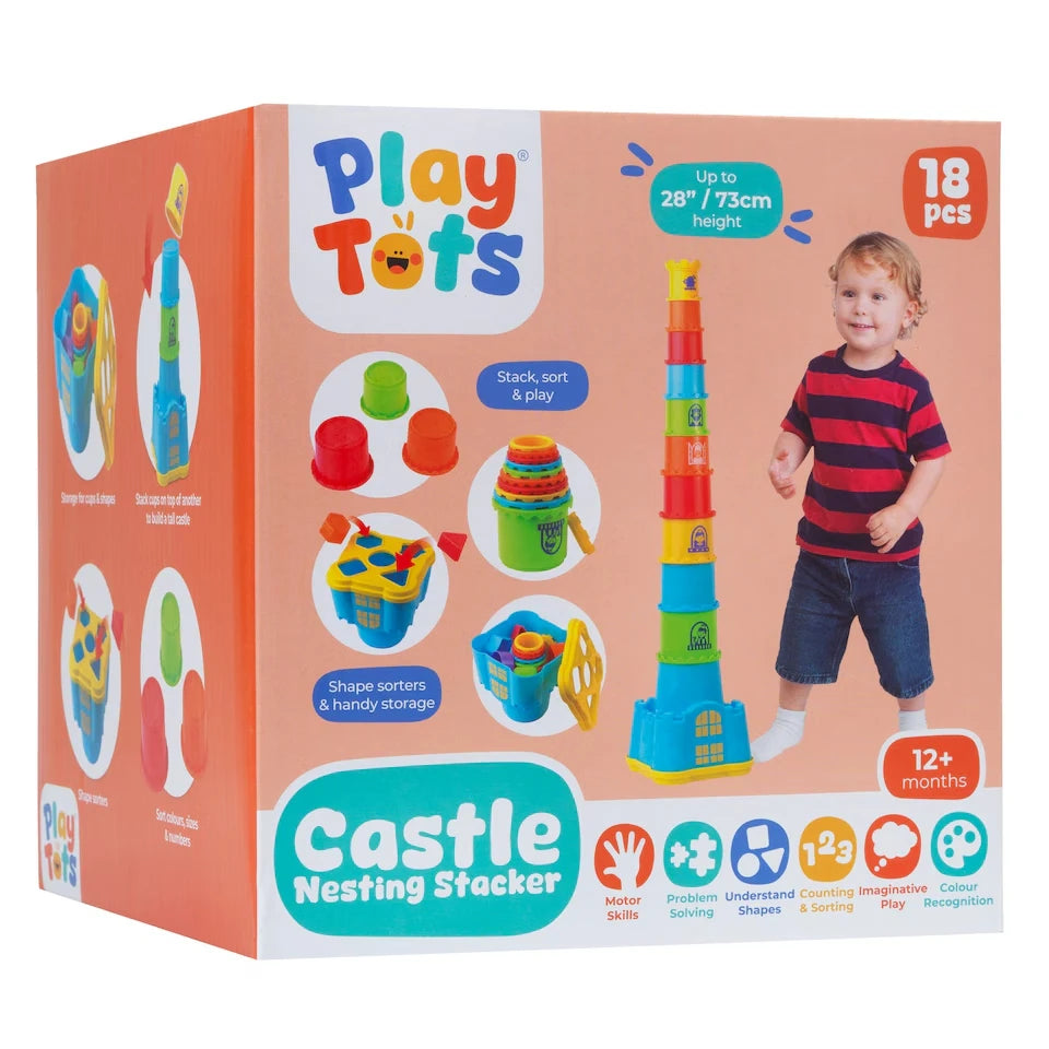 Front and side of the Play Tots Castle Nesting Stacker box showing the multicoloured castle tower, nesting cups, shape sorter, storage base and a child beside the built tower