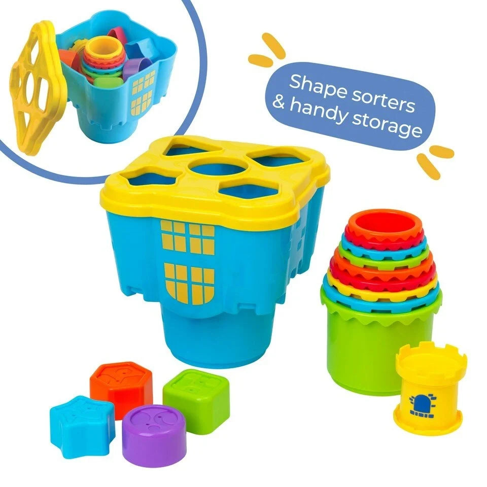Play Tots blue castle base with yellow shape sorter lid, nested multicoloured cups, four loose shape blocks and cups stored inside the open base