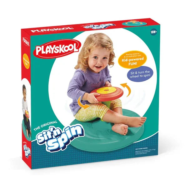 Playskool Sit 'n Spin activity toy packaging box featuring toddler image in Ireland