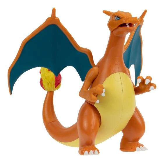 Angled front view of Charizard Battle Feature Figure with articulated arms, open mouth and extended wings
