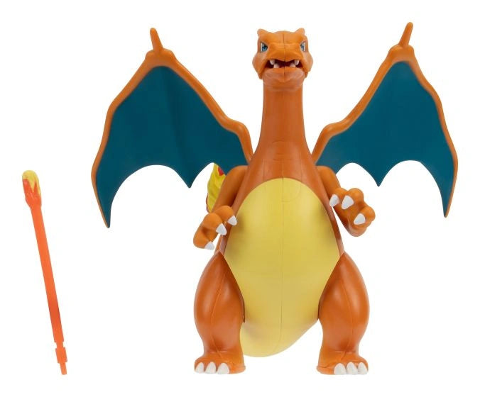 Front view of Charizard Battle Feature Figure with wings spread and separate fire missile accessory beside figure