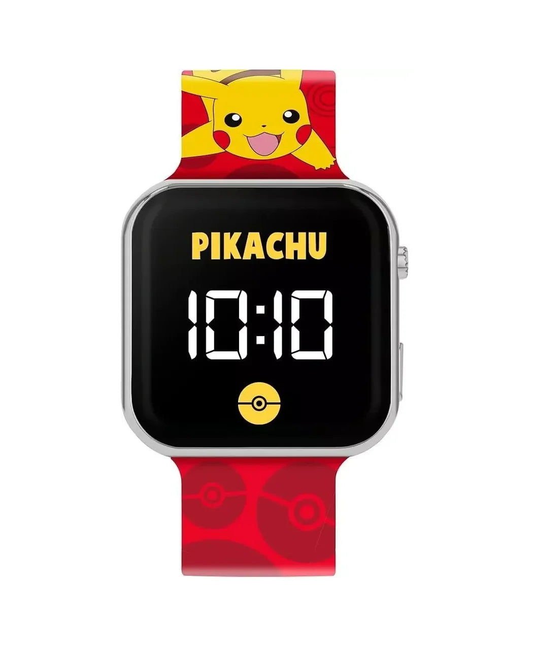 Close-up of Pokémon Pikachu LED watch face showing digital time and bright character strap in Ireland.